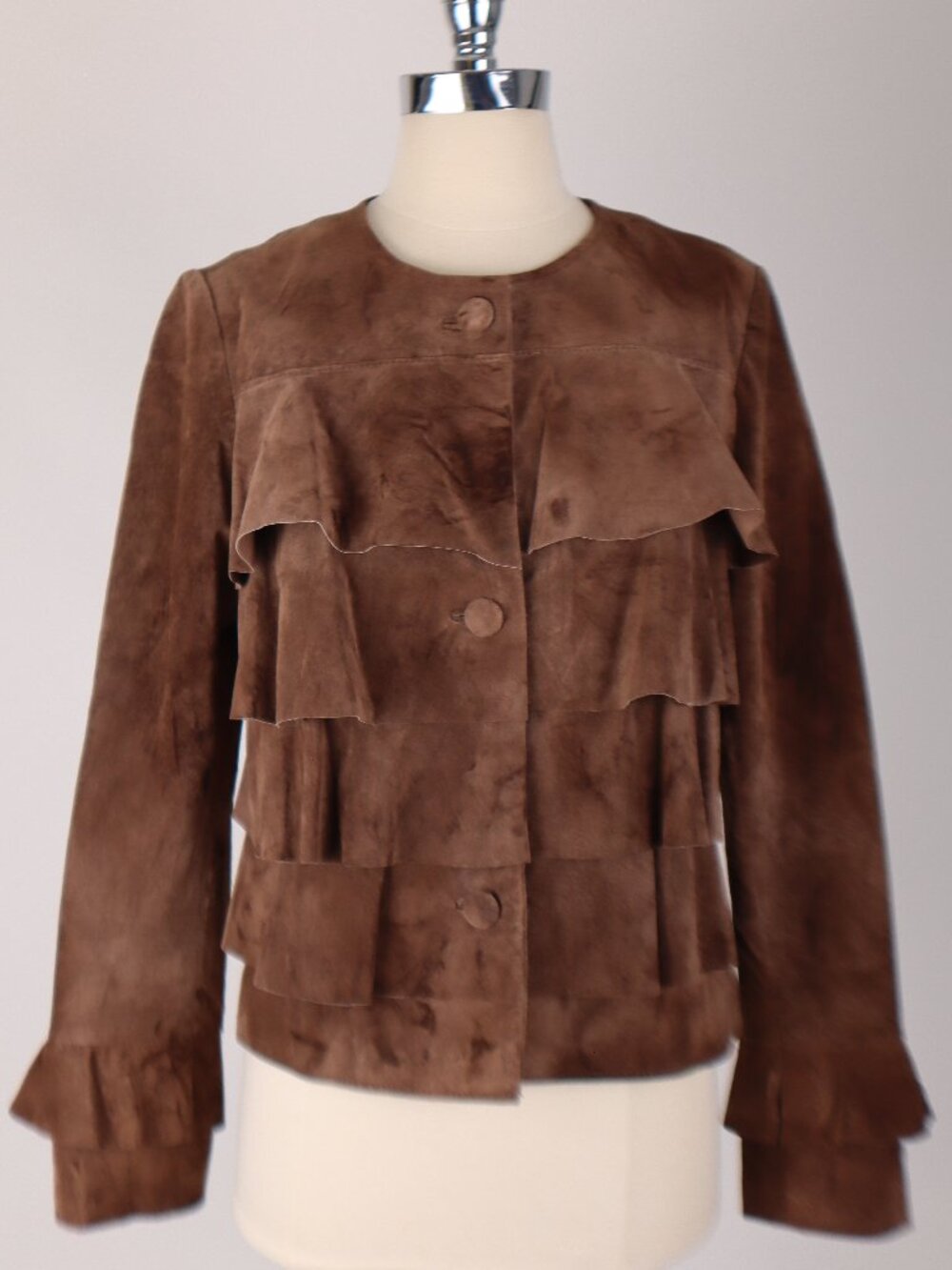❄️ Nieman Marcus Brown Suede Ruffle Short Jacket Coat Leather Southwestern Med